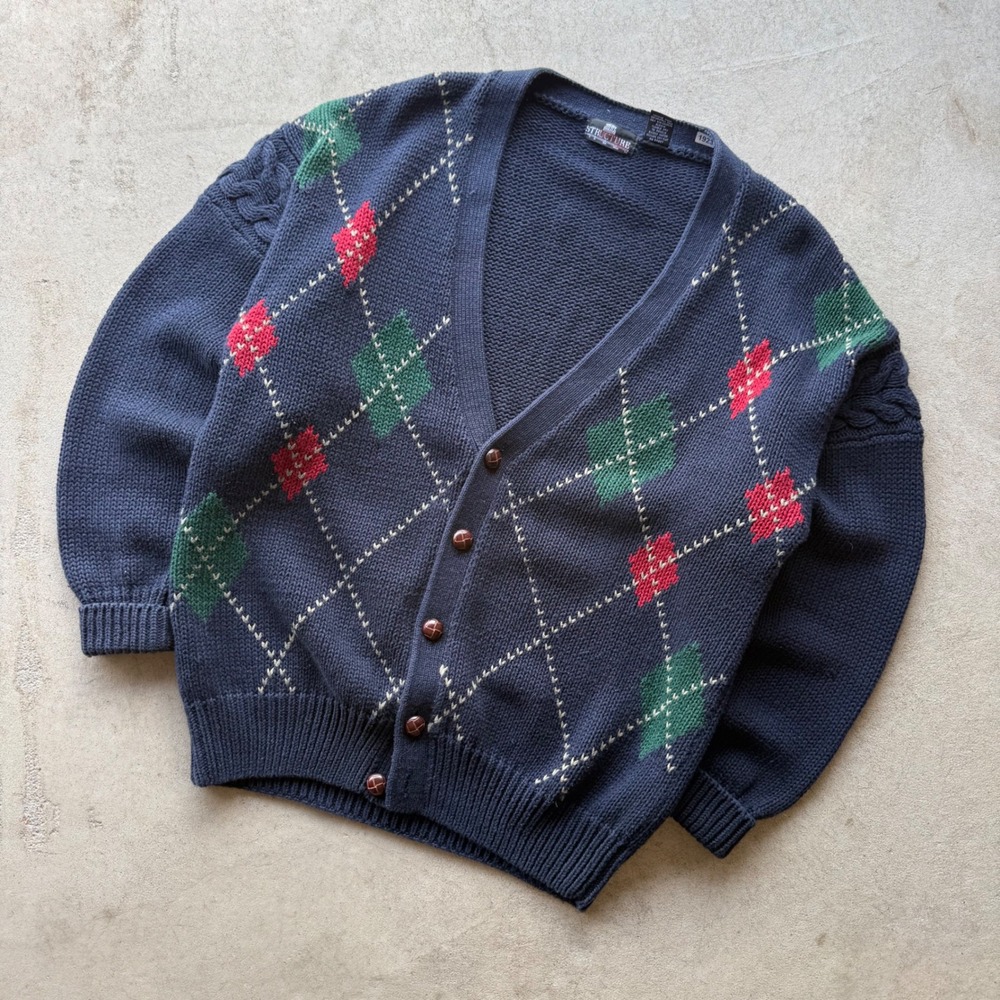 90s Mens Structure Argyle Cable Knit Heavy Cotton Ramie Cardigan Sweater M